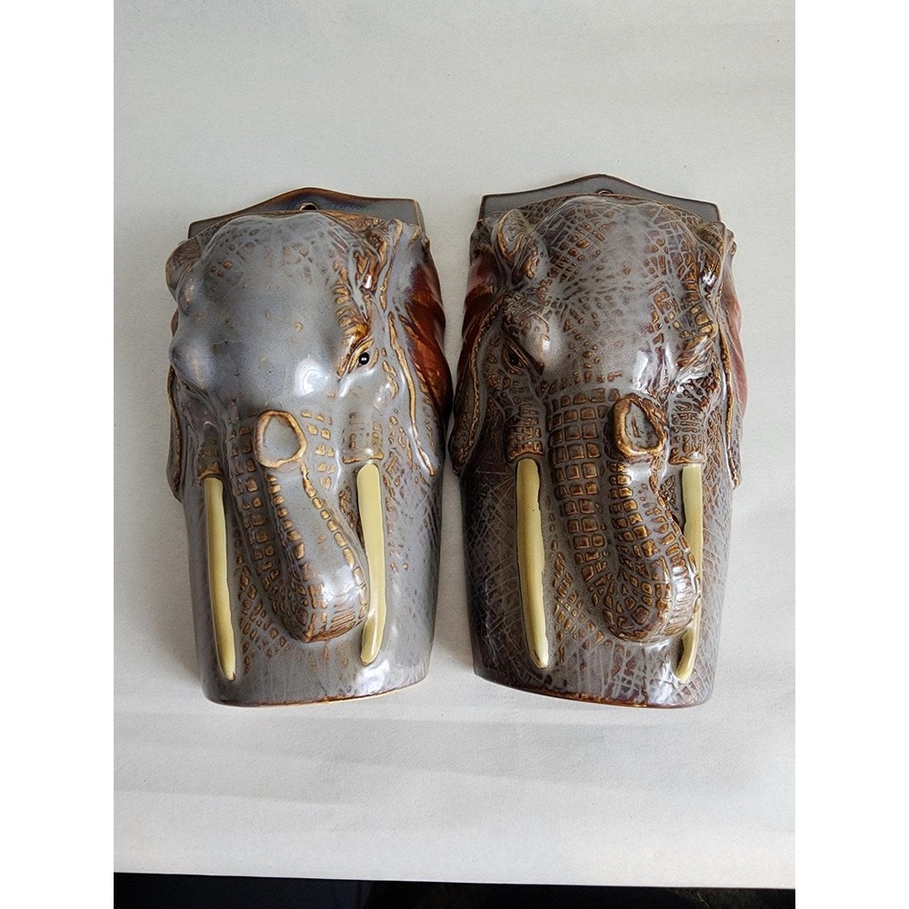 Vintage Ceramic Elephant Head Wall Pocket Planter Set Grey Brown Drip Glaze 6in